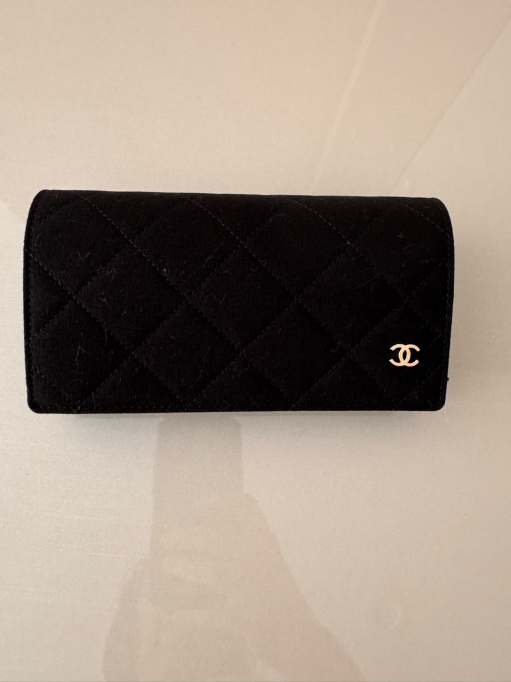 CHANEL Black Quilted glasses case with Gold CC Emblem